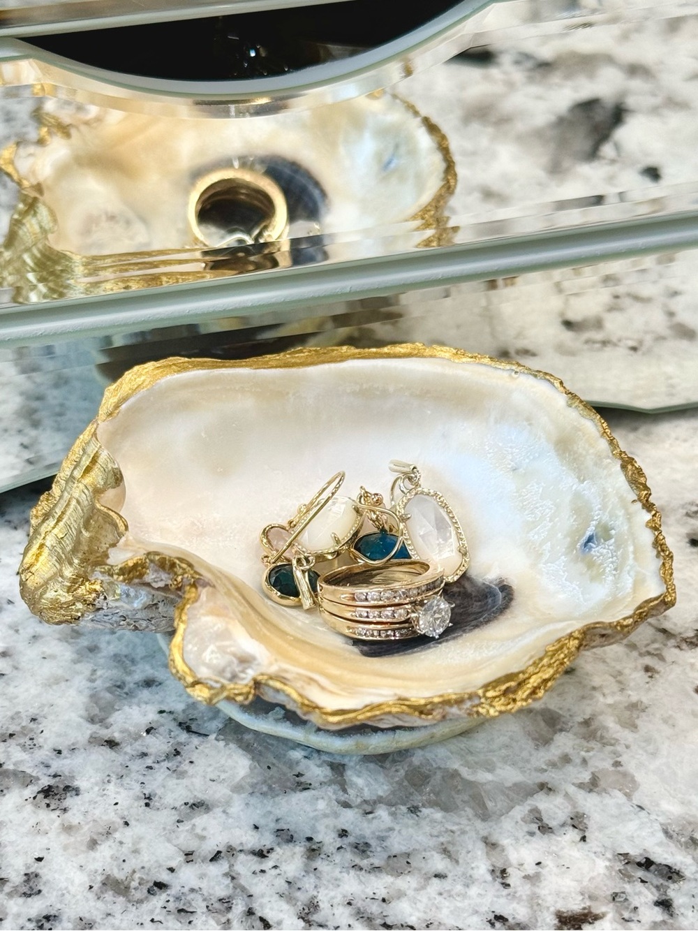 Oyster shell jewelry ring dish white and gold leaf 4.5”